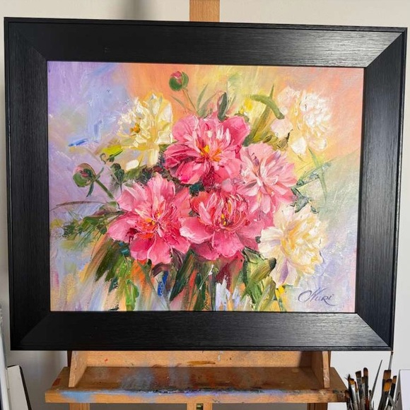Framed Floral Oil Painting “Peonies” By Nuri Alieva , flower Artwork By Nuri - Picture 4 of 5